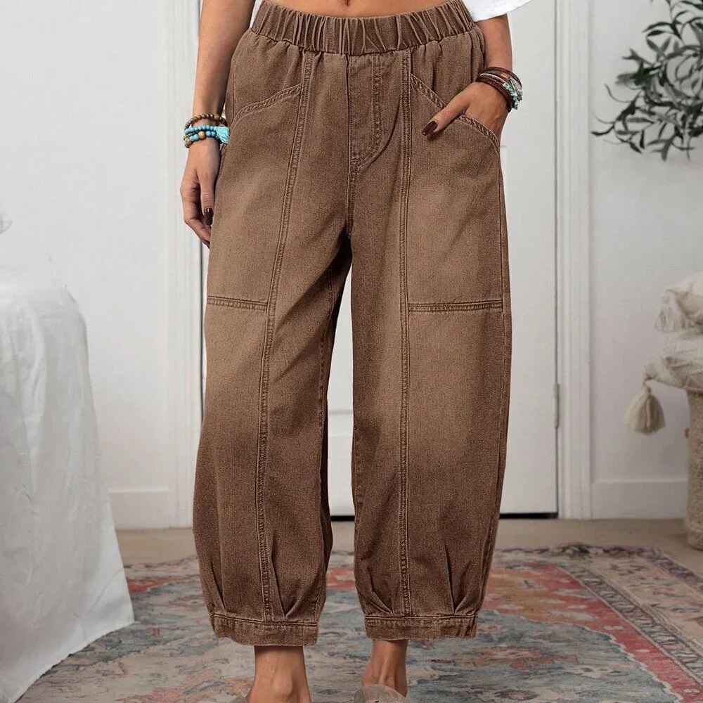 Coffee Brown Casual Women's Elastic Waist Loose Tapered Jeans